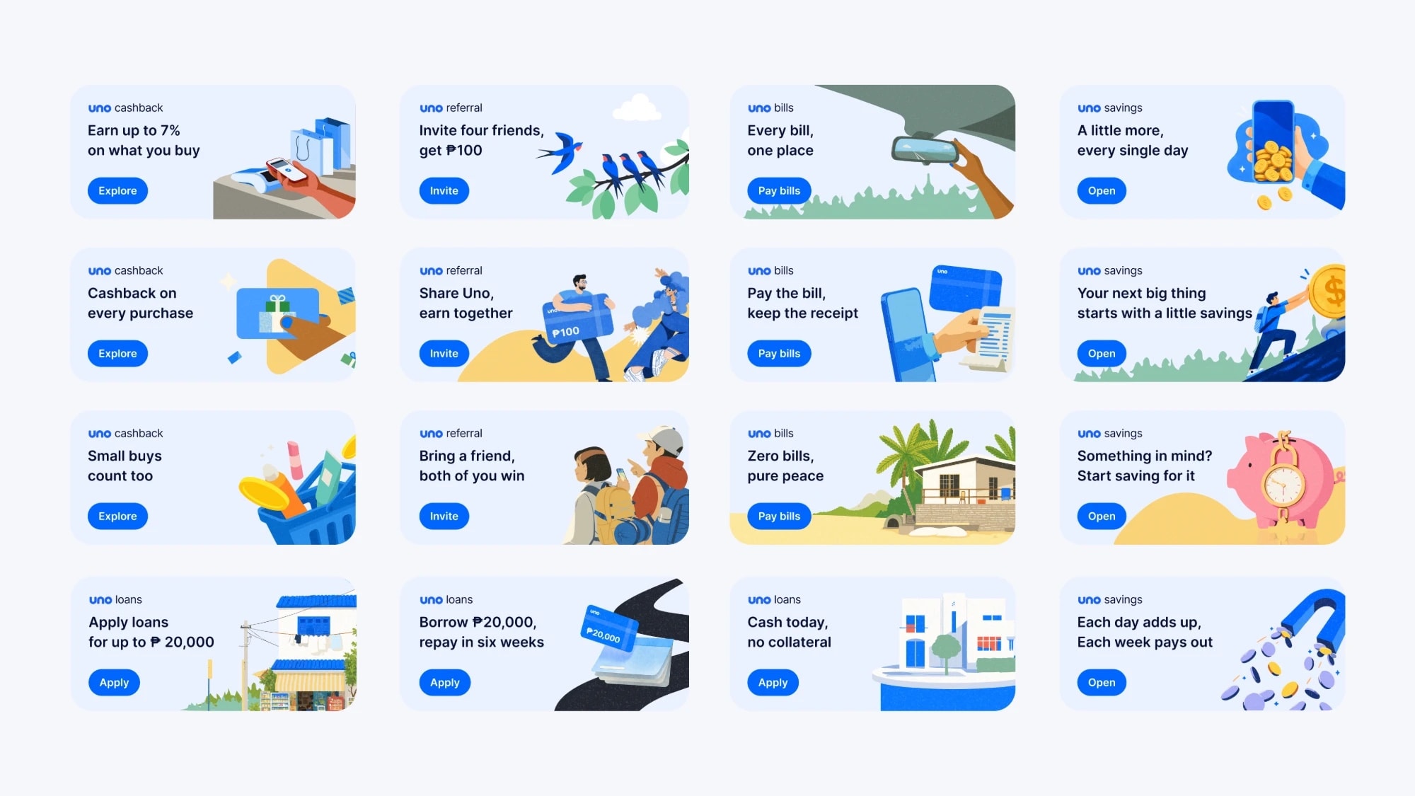 Uno promo banners for cashback, referral, bills, savings and loans